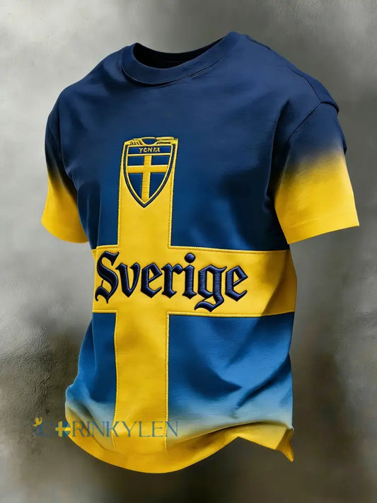 Retro vikingasvensk flaggmärke avslappnad sportig t-shirt med korta ärmarna - blå / S