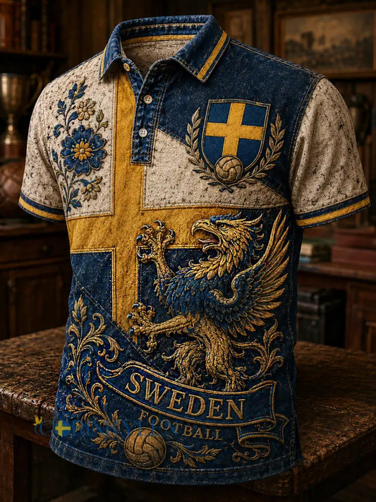 Retrodammskott för män – tryckt avslappnat polotröja med svensk fotbollskonst - A / S