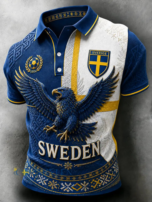 Retrodammskott för män – tryckt avslappnat polotröja med svensk fotbollskonst - A / S