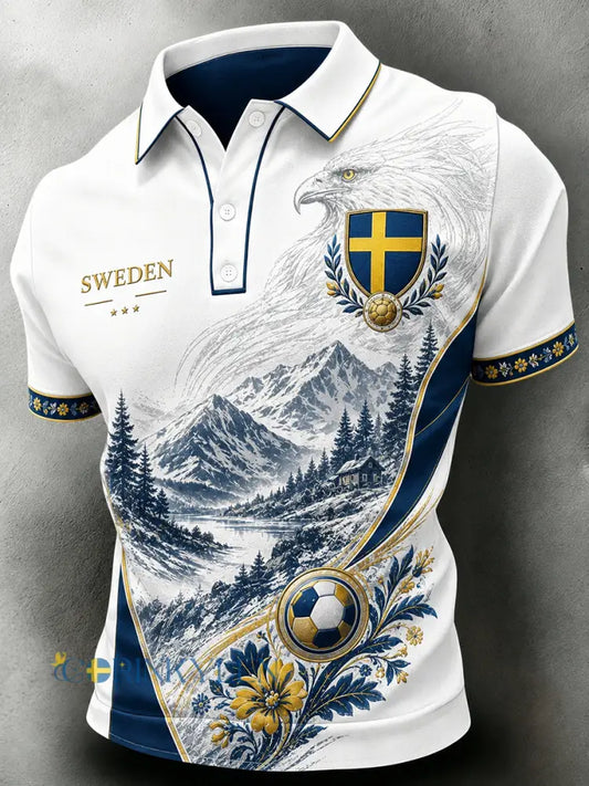 Retrodammskott för män – tryckt avslappnat polotröja med svensk fotbollskonst - A / S
