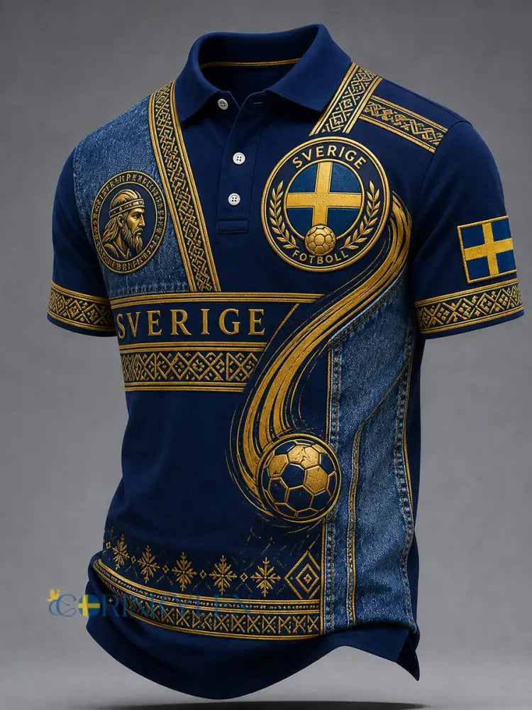 Retrodammsugare för män med svensk fotbollsskärm konsttryck avslappnad pikétröja - A / S