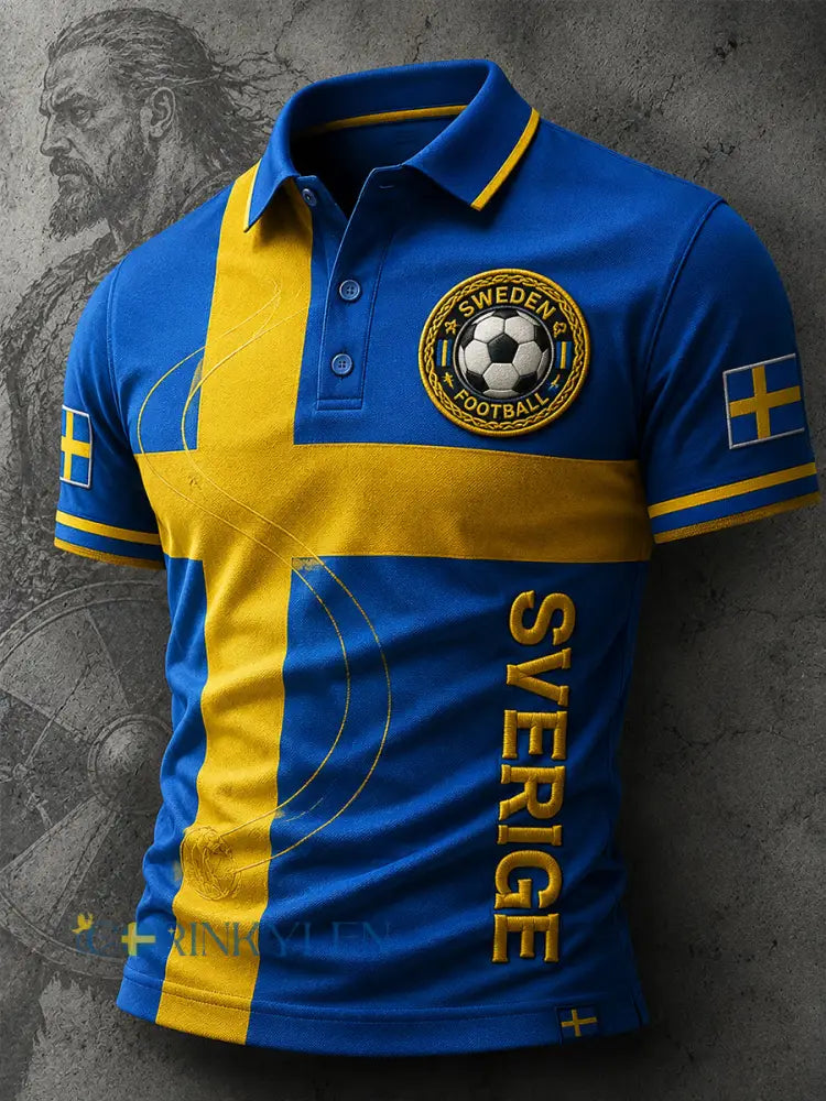 Retrodammsugare för män med svensk fotbollsskärm konsttryck avslappnad pikétröja - A / S