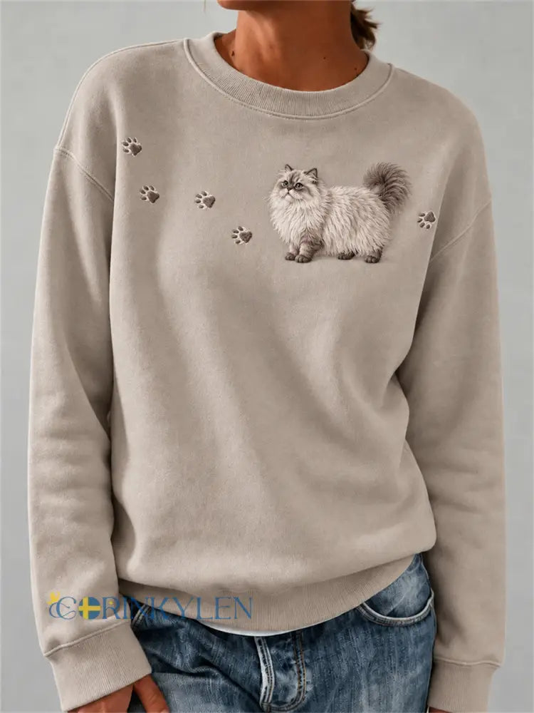 Söt fluffig sweatshirt för kvinnor med persisk katt och tassavtryck - ljusbrun / S