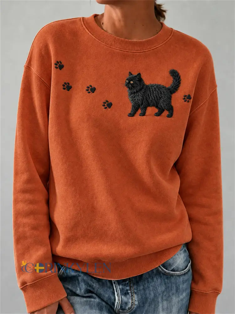 Söt fluffig sweatshirt för kvinnor med tryck av svart katt och tassavtryck - oräng / S