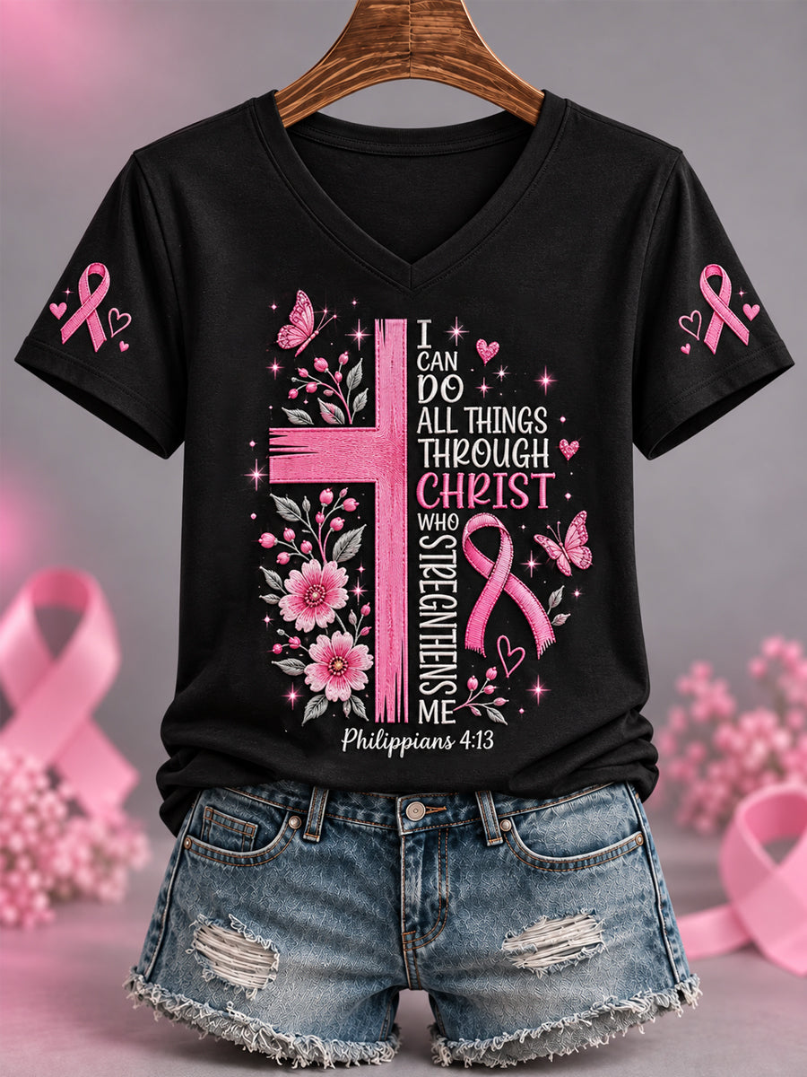 Kvinnors rosa band kors tro Skriv ut bröstcancer medvetenhet Stöd V-Neck Tee