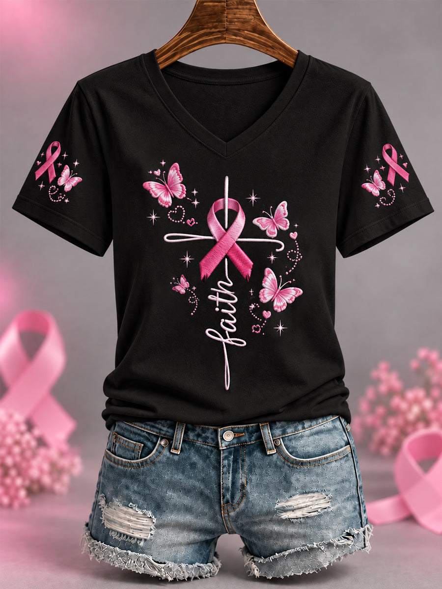 Kvinnors rosa Ribbon Butterfly Cross tro Print Bröstcancer medvetenhet Stöd V-Neck Tee