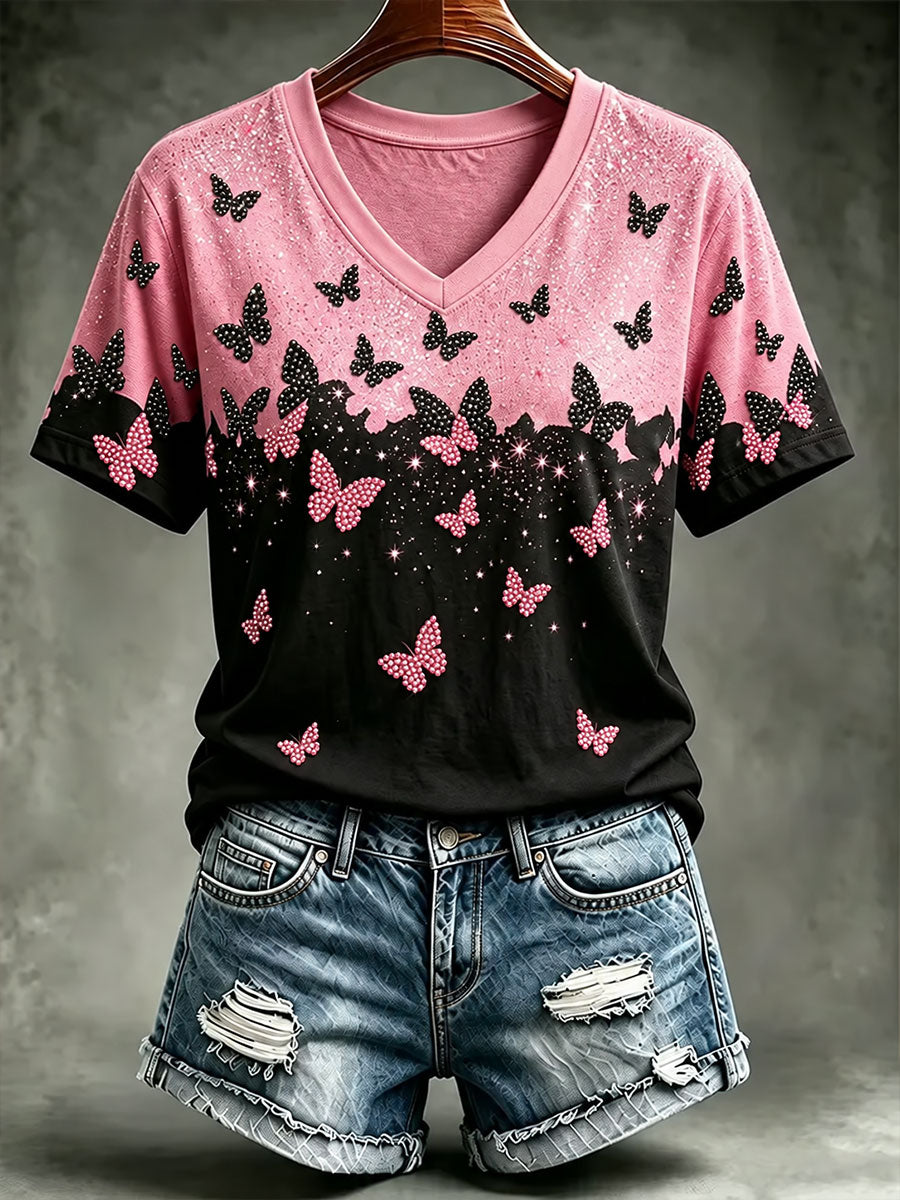Kvinnors bröstcancer medvetenhet Butterfly Print Short-sleeved T-shirt
