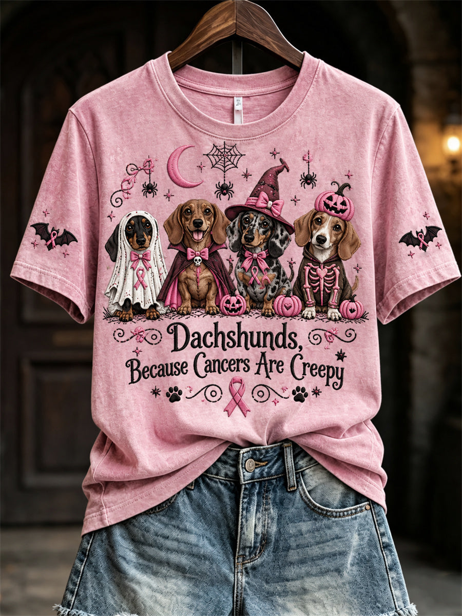 Dvärgtvättarskinn för kvinnor – Halloween-T-shirt med rosa hundtryck och korta ärmar, med texten ”Cancers Are Creepy”