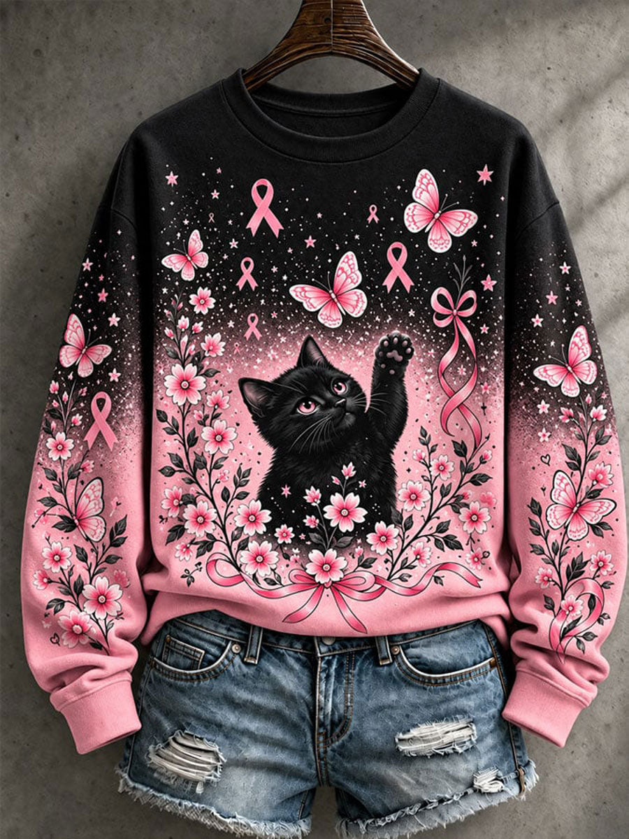 Kvinnors bröstcancer medvetenhet Cat Print Casual Sweatshirt