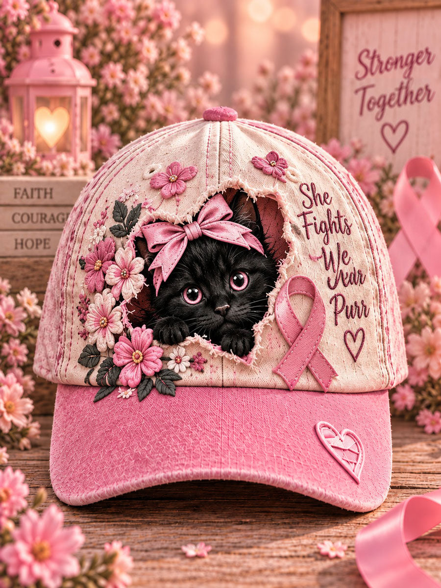 Bröstcancer medvetenhet Cat Print Casual Unisex Hatt