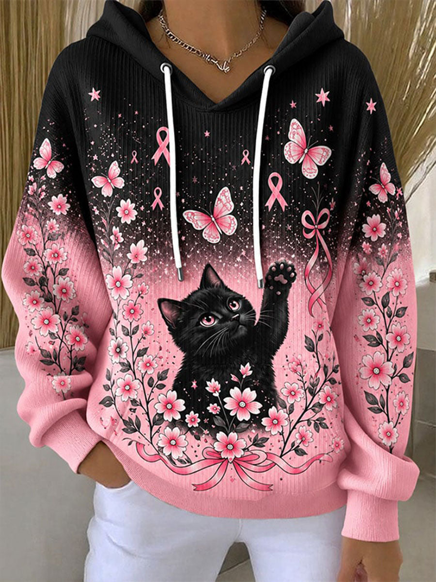Kvinnlig avslappnad hoodie med katttryck och kampanj mot bröstcancer
