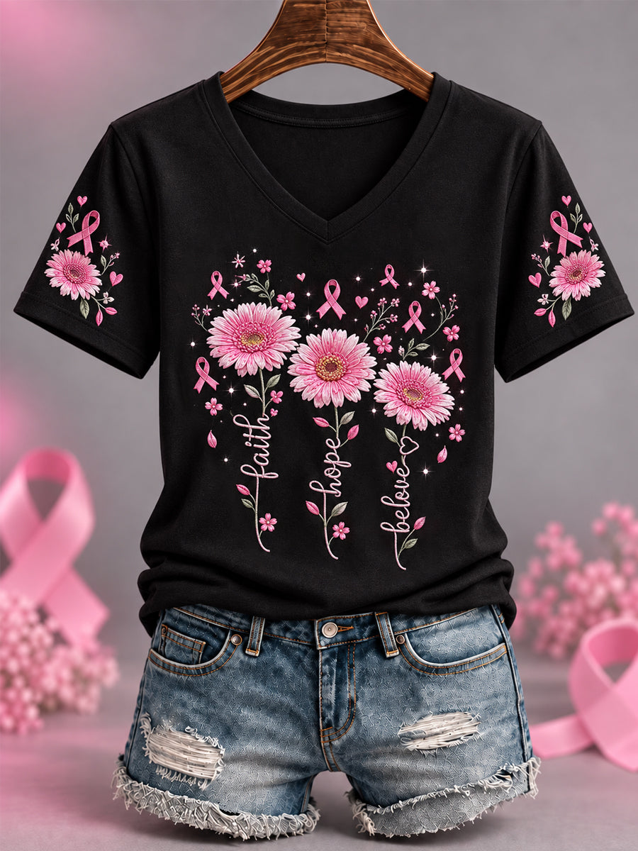 Kvinnors rosa band tro Hoppas blieve Solrosor Skriv ut Bröstcancer medvetenhet Stöd V-Neck Tee