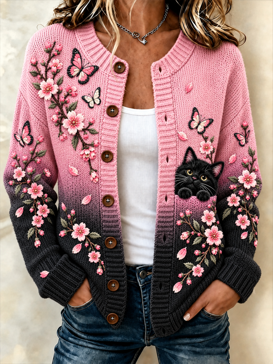 Kvinnors svart och rosa katt och blommigt tryck Cardigan-Style jacka