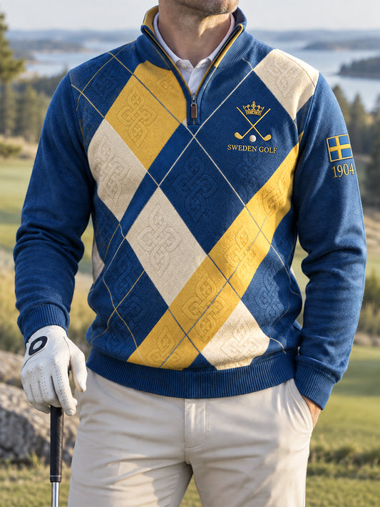 Mäns Golf-Inspirerade Argyle Checkered Zipper Polo tröja