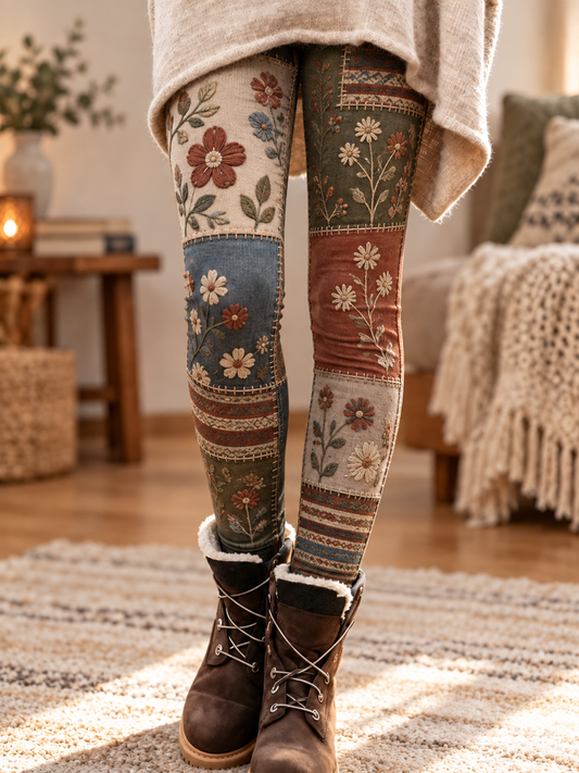 Damlösa sammetsleggings med blommigt konstmönster för höst/vinter