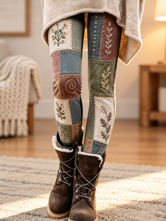 Damlösa sammetsleggings med blommigt konstmönster för höst/vinter