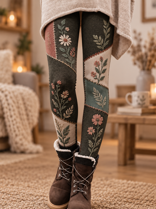 Damlösa sammetsleggings med blommigt konstmönster för höst/vinter