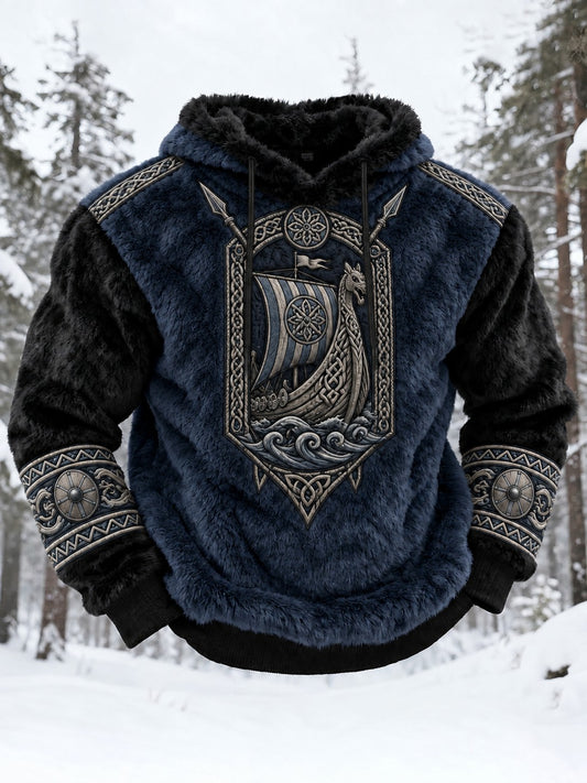 Vikingtryckt flanellhuvtröja för män
