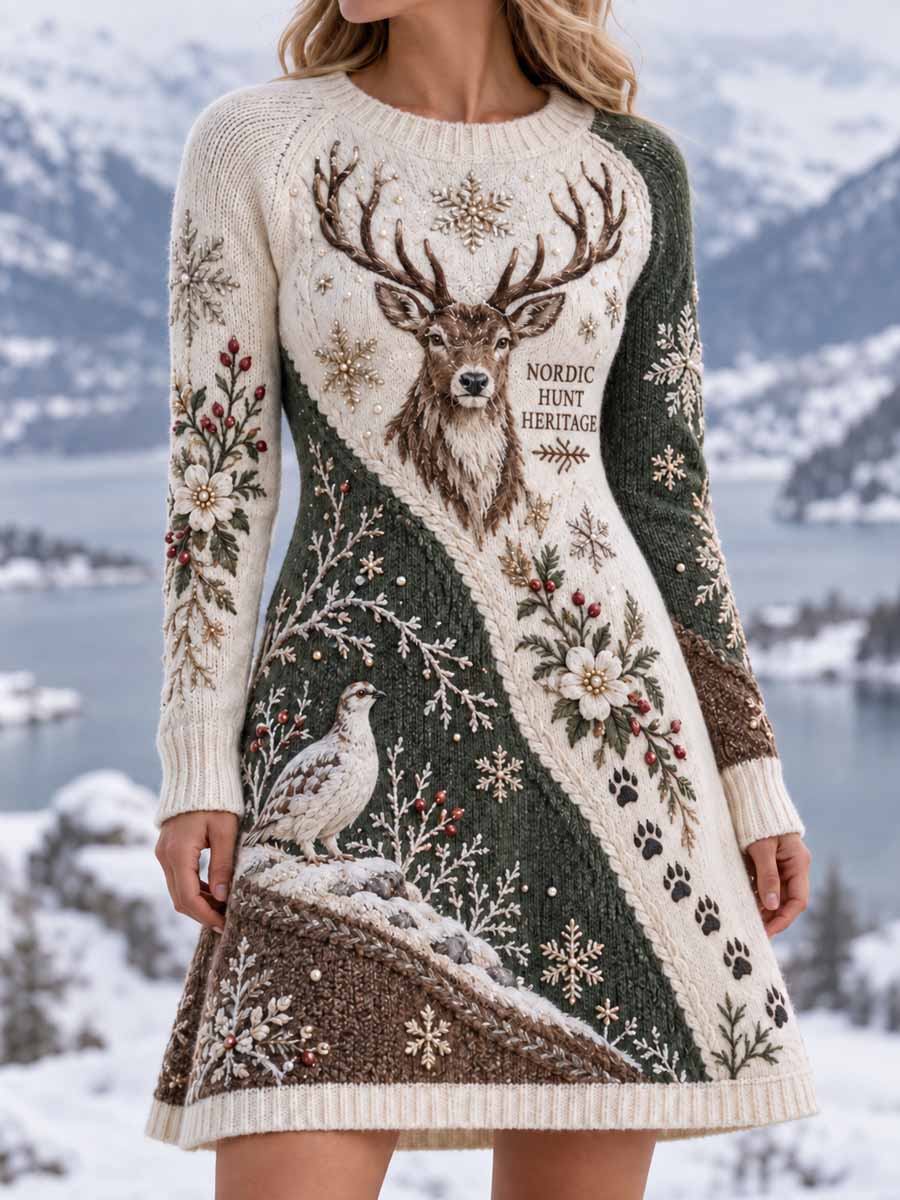 Kvinnor Retro jakt säsong Röd Hjort mönster Print klänning
