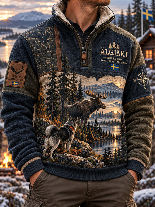 Mäns svenska Moose-Print Fleece-foed Half-Zip Sweatshirt