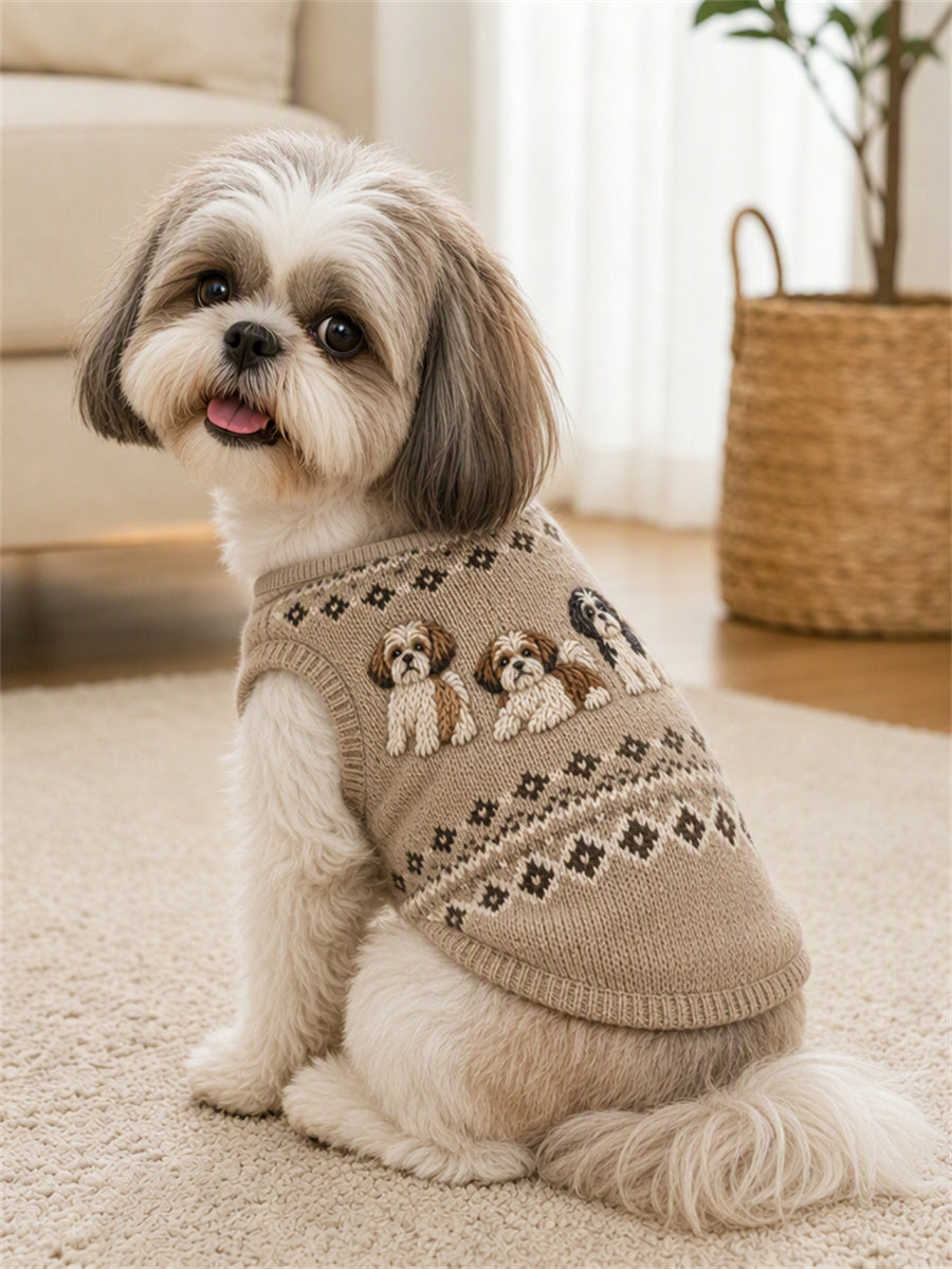 Vintage hundväst för shih tzu med ö-mönster, ärmfri