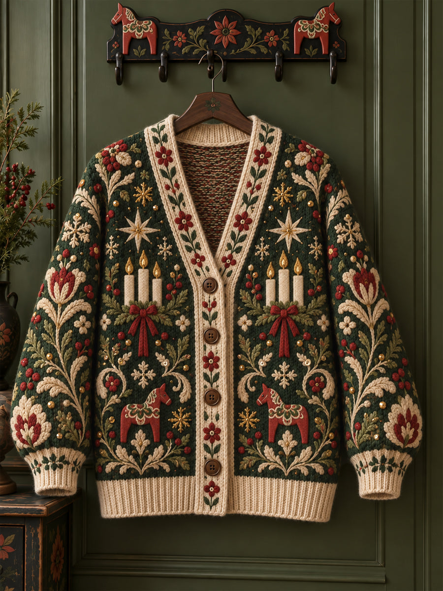 Kvinnors Vintage Lucia Festival ljusljus konst V-hals cardigan
