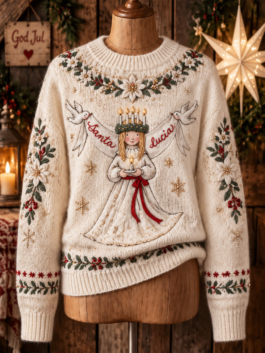 Kvinnor Retro Lucia dag ljuslampa blomsterbesättning-hals pulloverna