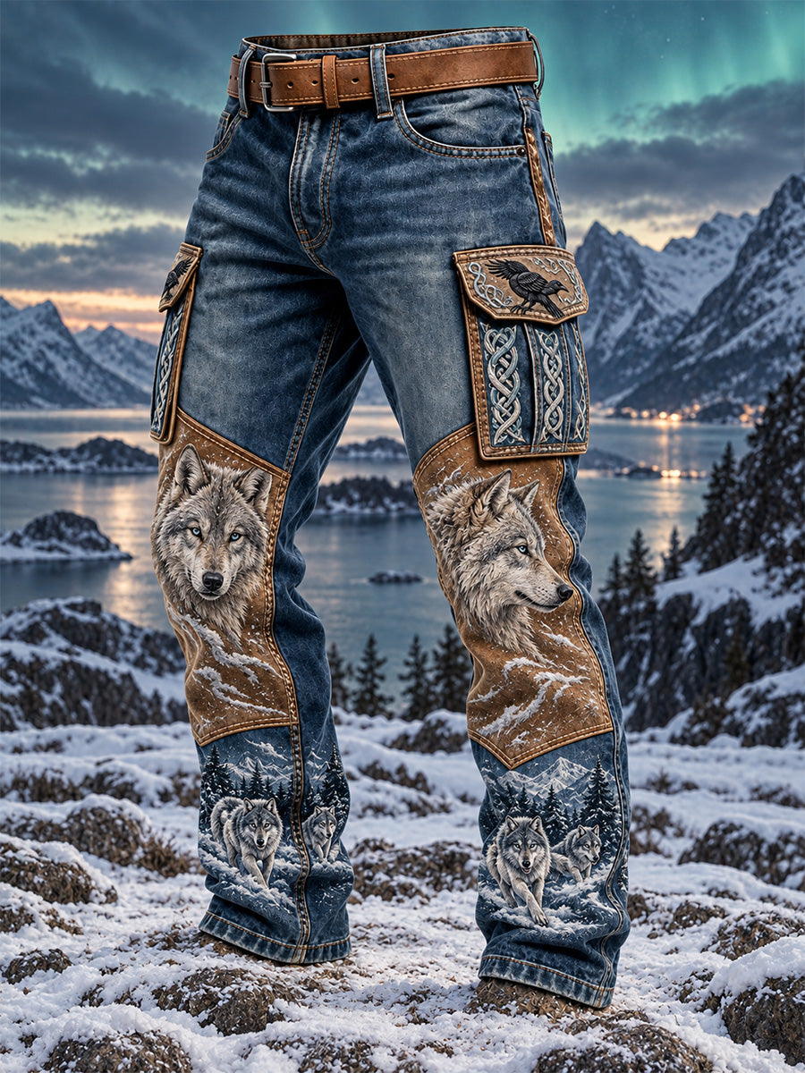 Herrens Vintage Nordic VikingScandinavian Style Graphic Print Casual Cargo Byxor