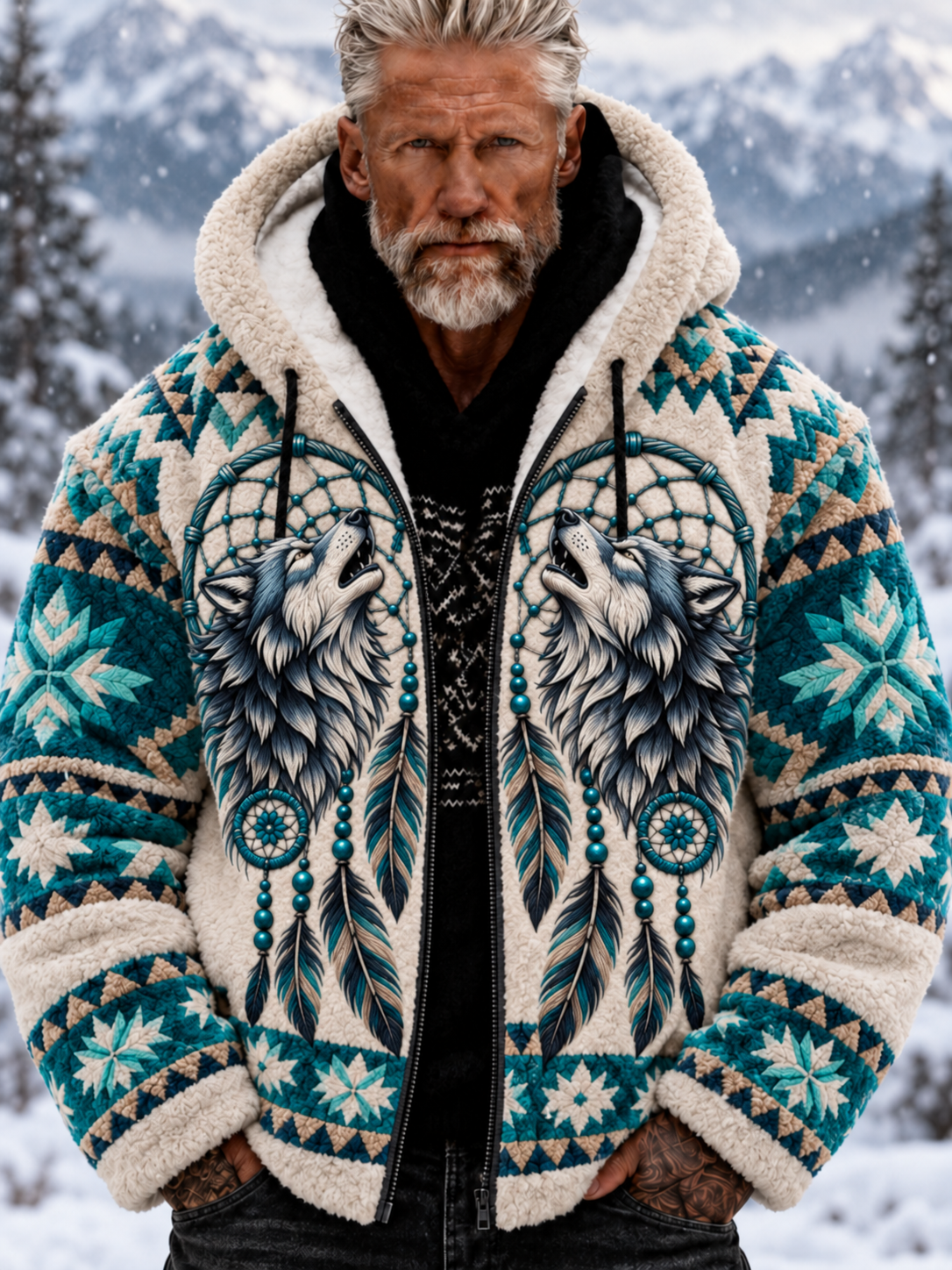 Mans Vintage Viking Varghuvud Aztekisk Tjock Flanelljacka