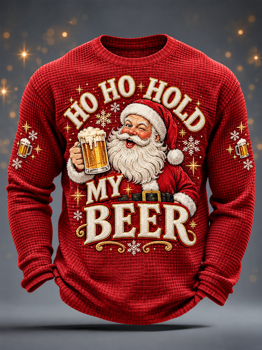 Rolig herrtröja med julmotiv – tomte som dricker öl, avslappnad waffelvävd långärmad t-shirt