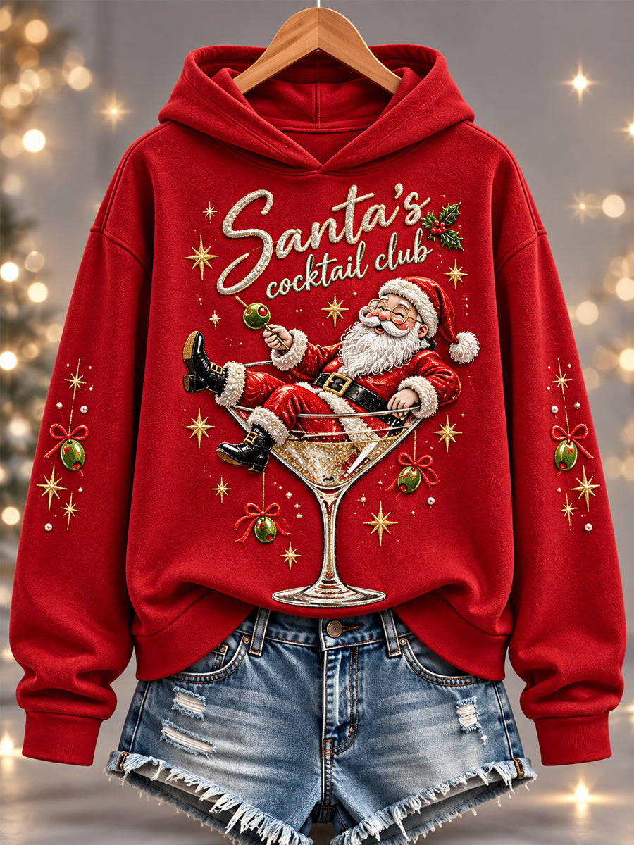 Kvinnlig rolig jultröja med tryck av jultomten i cocktailklubben, ledig hoodie