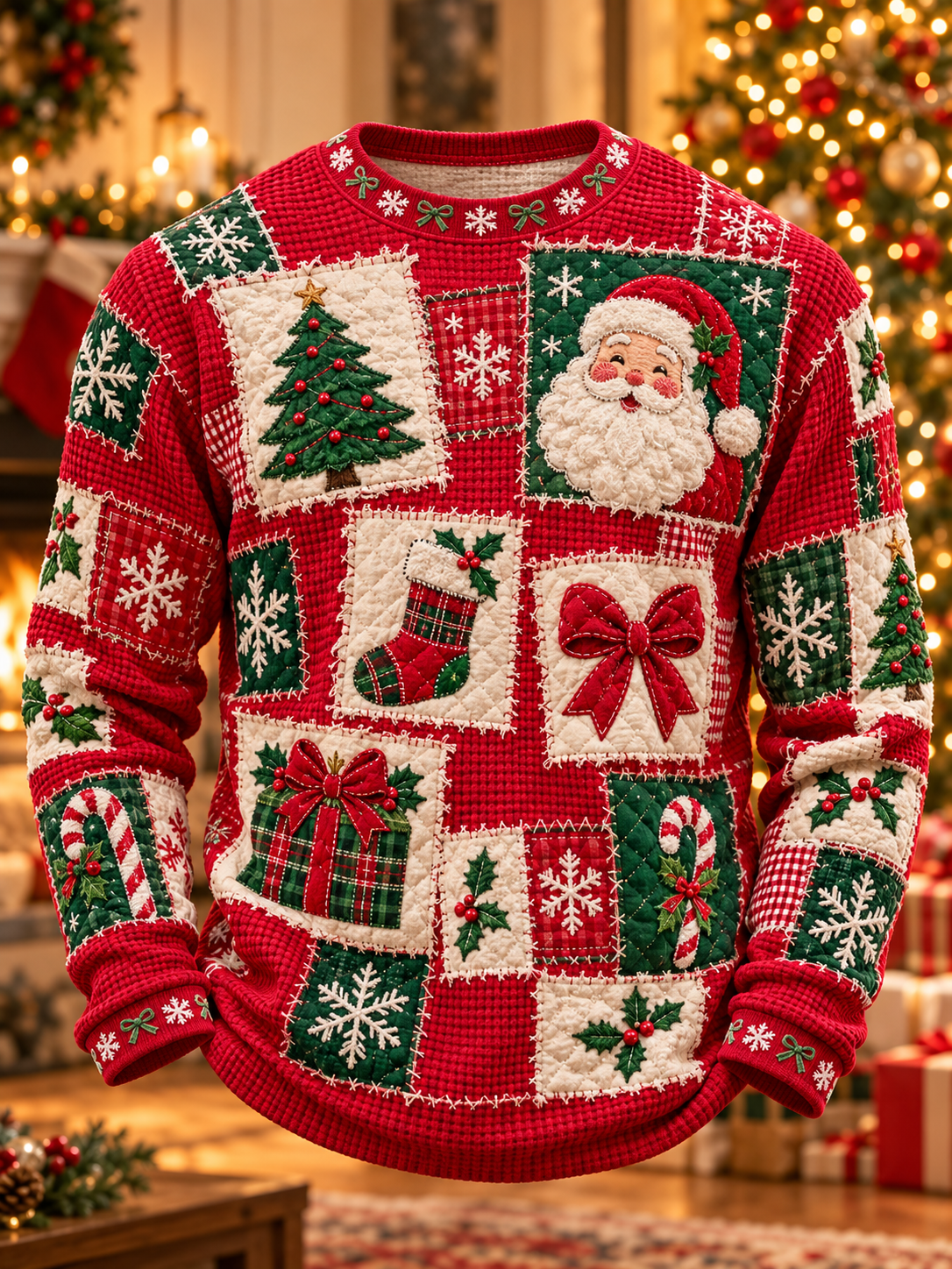 Mans julig broderad konst-waffel långärmad t-shirt
