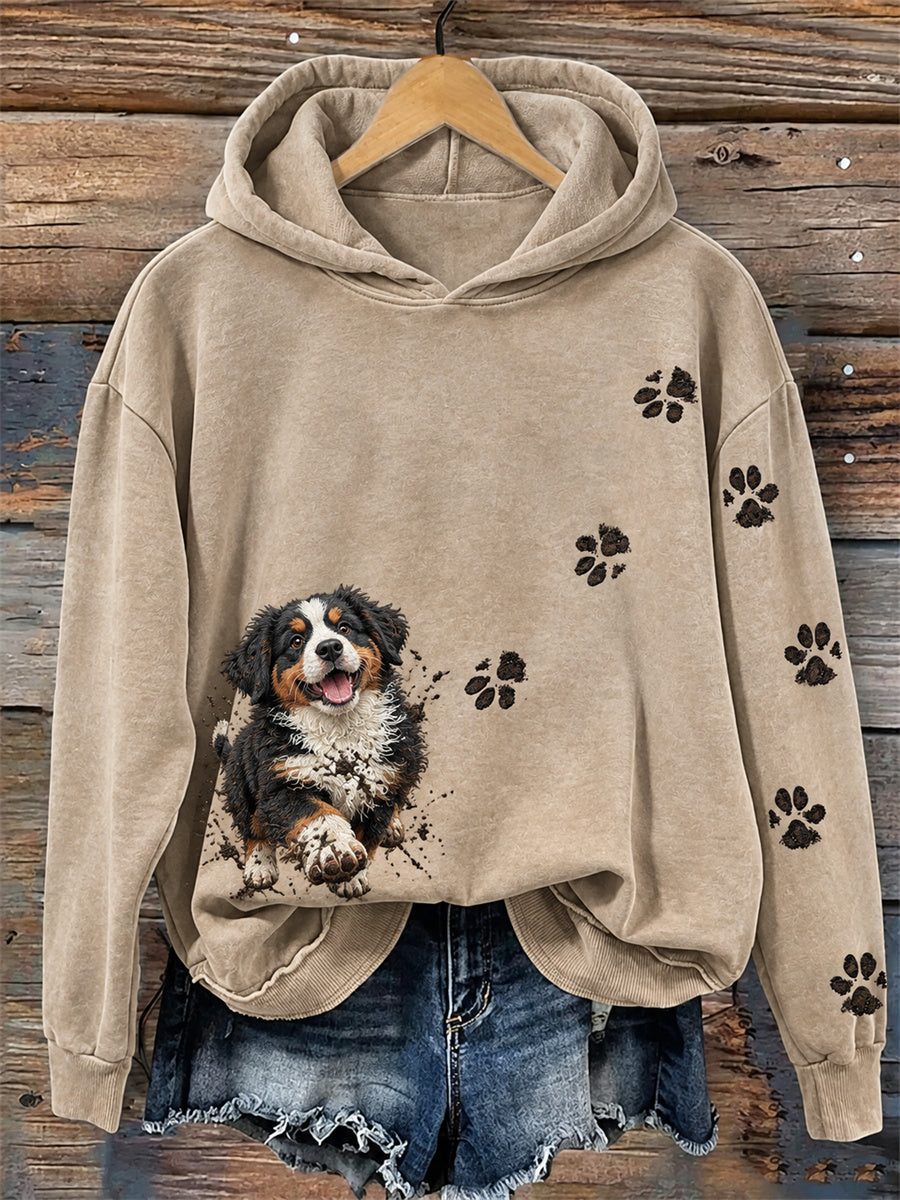 Kvinnlig rolig, fräck men glad hoodie med Berner sennen och tassavtryck