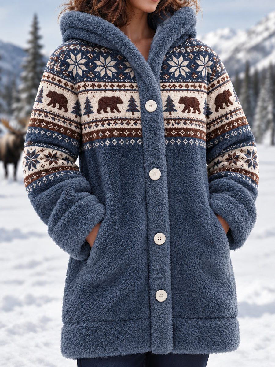 Kvinnors vinterbjörn Print Casual Flannel Huvad rocka