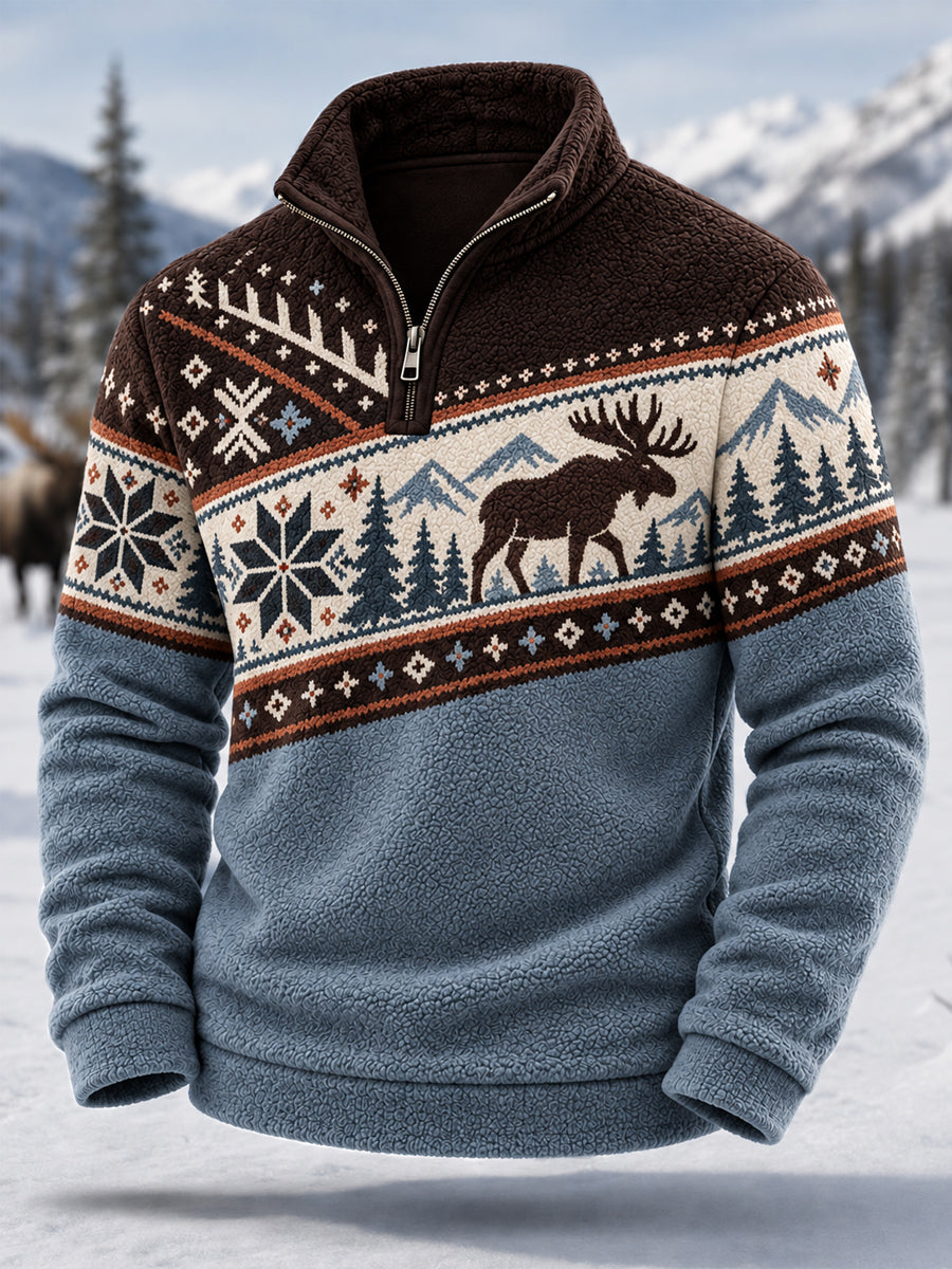 Mäns vinter Moose Print Casual blixtlås flannel pullovere