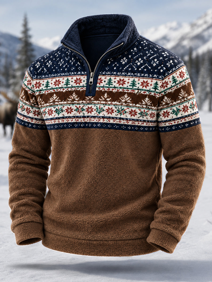 Herrens vinter Nordic Jacquard Skriv ut Casual blixtlås Flannel Pullover