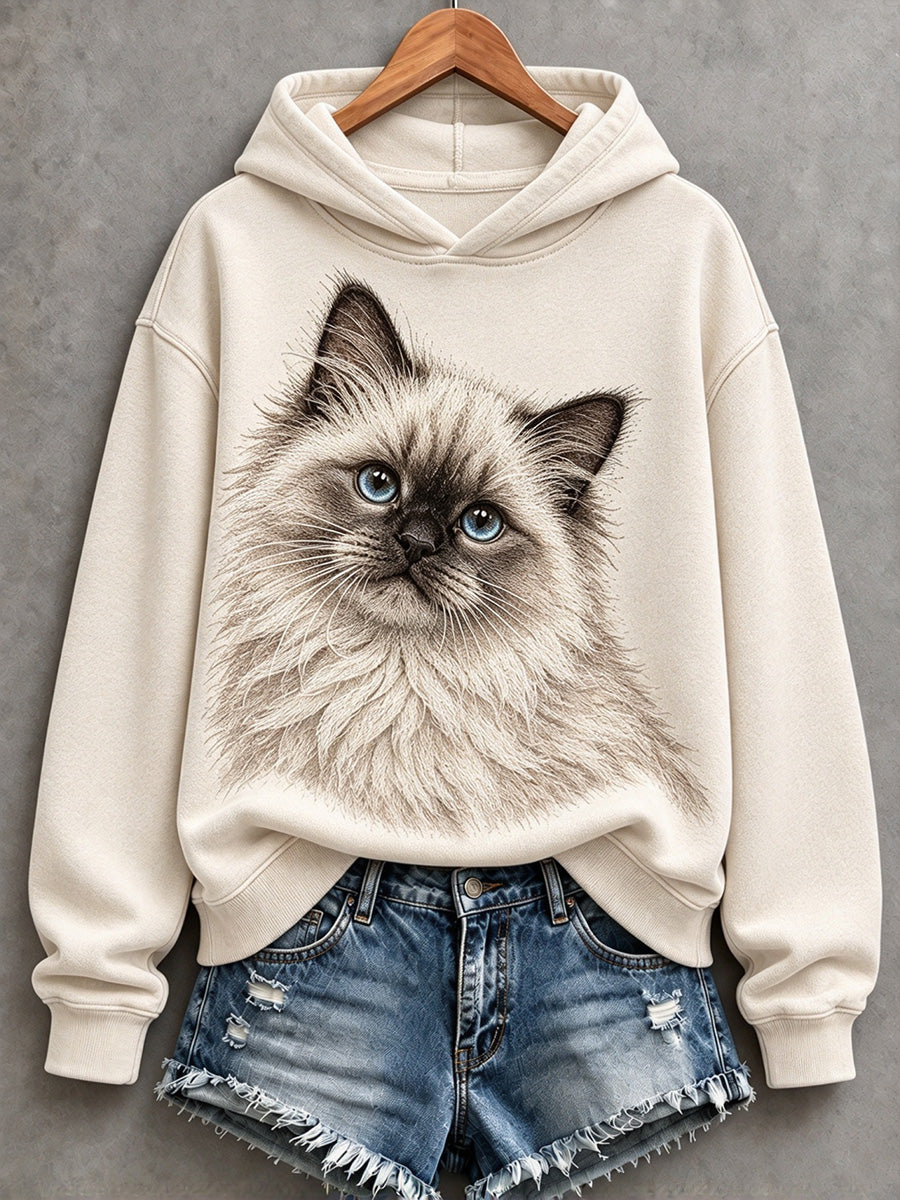 Söt mysig hoodie för kvinnor med tryck av ragdollkatt