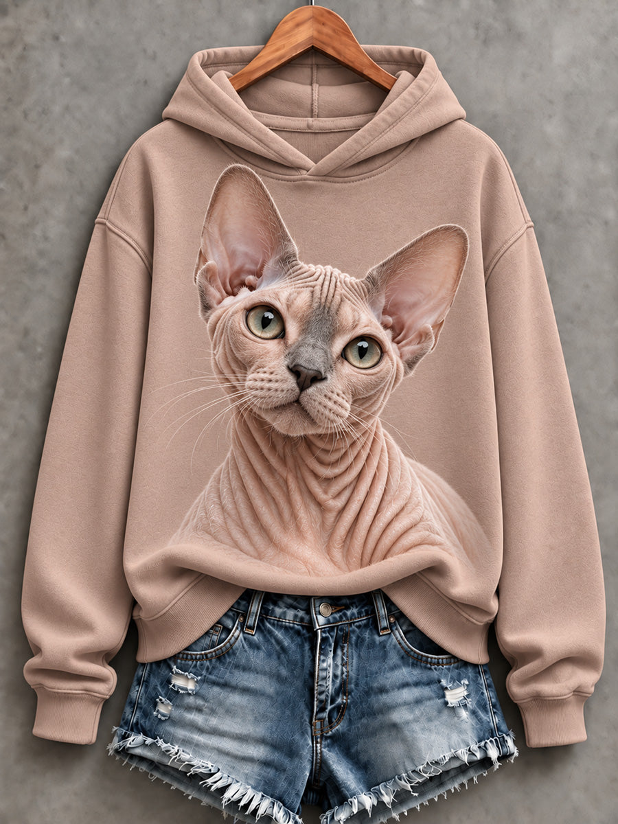 Söt mysig hoodie för kvinnor med Sphynxkattmönster
