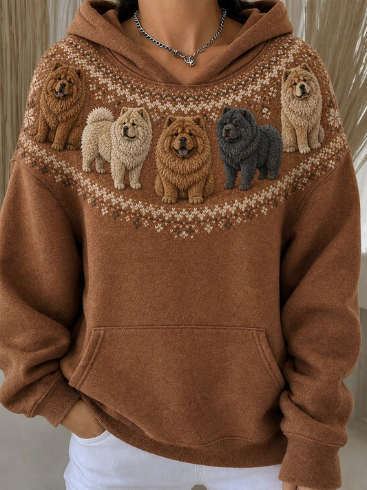 Damens vintage huvtröja med Chow-Chow-hundar och Yoke Isle-mönster, mysig och bekväm