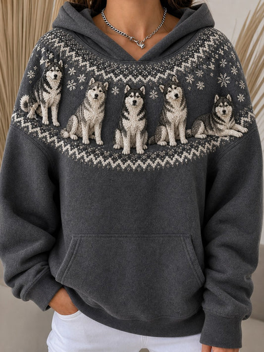 Damens vintage-hoodie med tryck av huskyhundar, yoke-ö och mysigt mönster