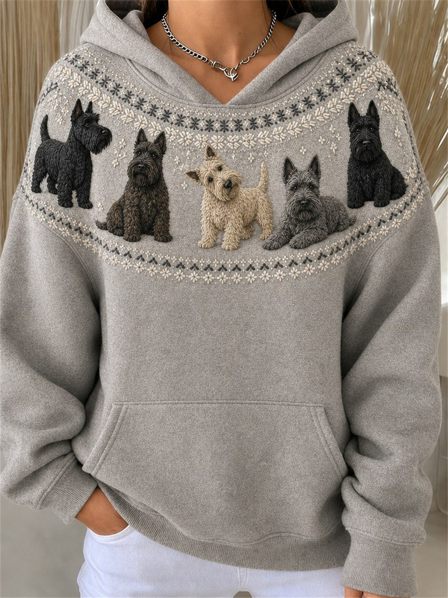Damtröja i vintagestil med skotsk terrierhundar och Yoke Isle-mönster, mysig hoodie