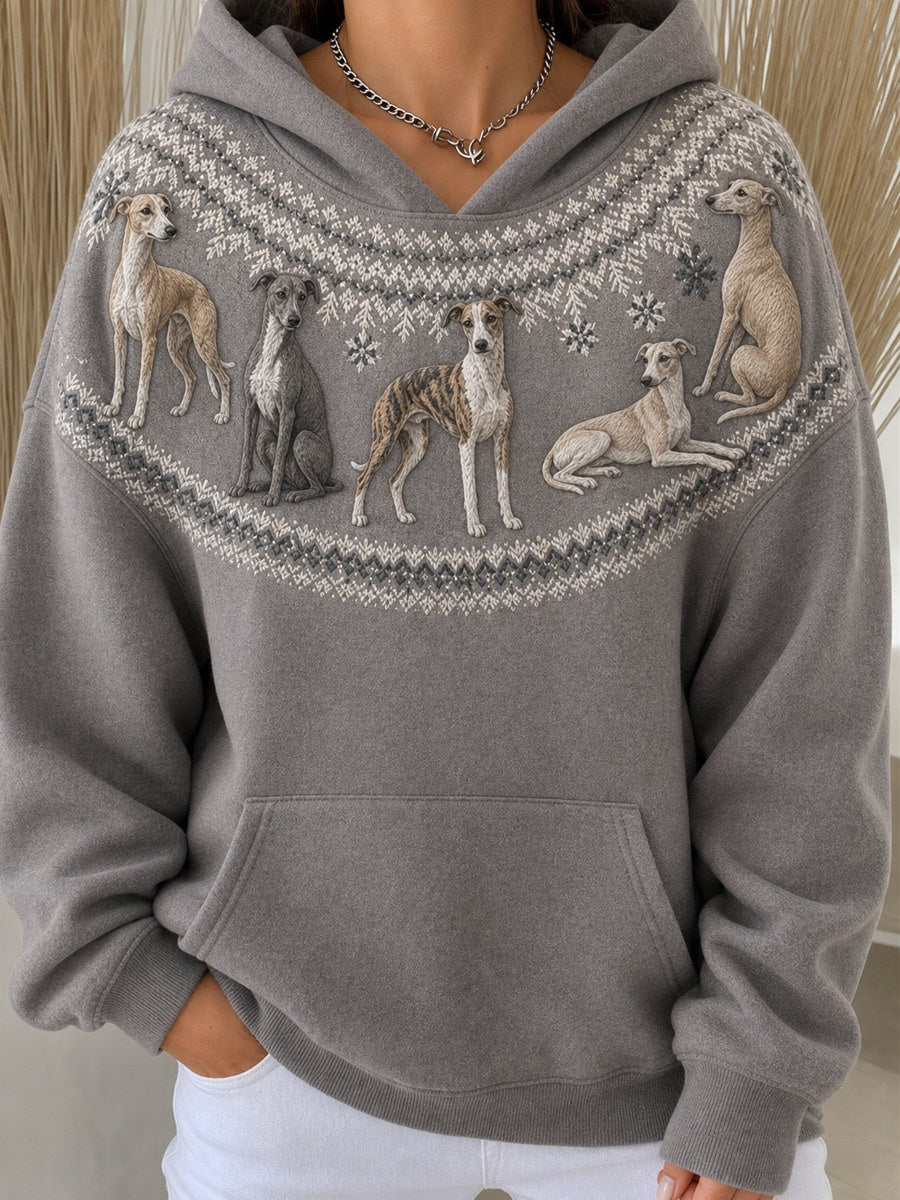 Damtröja med vintage-mönster av whippet-hundar från Yoke Isle, mysig hoodie