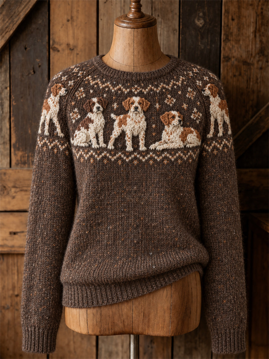 Damtröja i vintagestil med Bretagnens hundar, ömotiv och tryckt mönster, mysig tröja med rund hals.