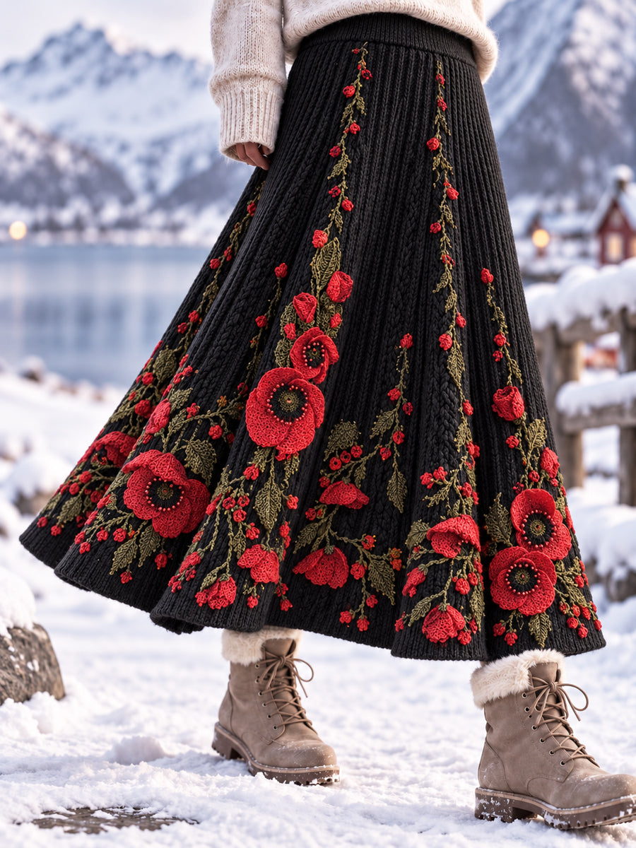 Damernas retroblommiga, artistiska abstrakta A-linjekjol i midilängd