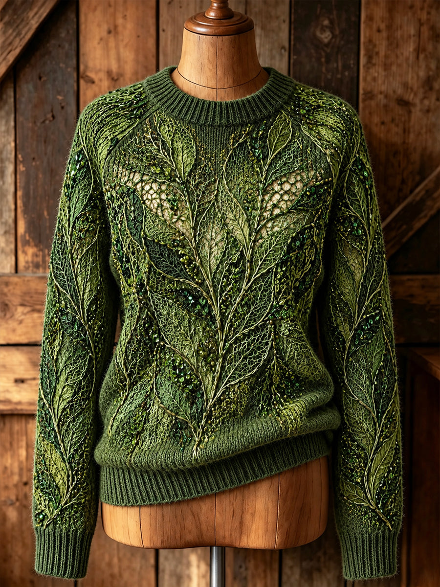 Kvinnor Retro blad-mönstrad konstnärliga besättning-hals pullover