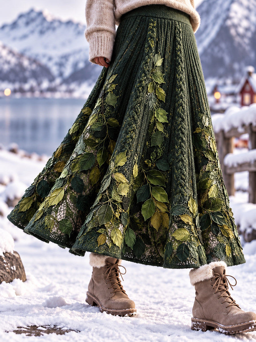 Kvinnors Vintage blad-mönstrad konstnärliga Midi Skirt
