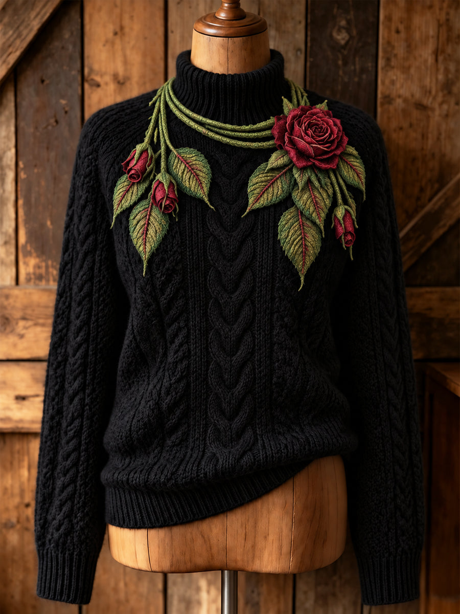 Kvinnors Vintage Rose-Print Konstnärliga hög hals pullover