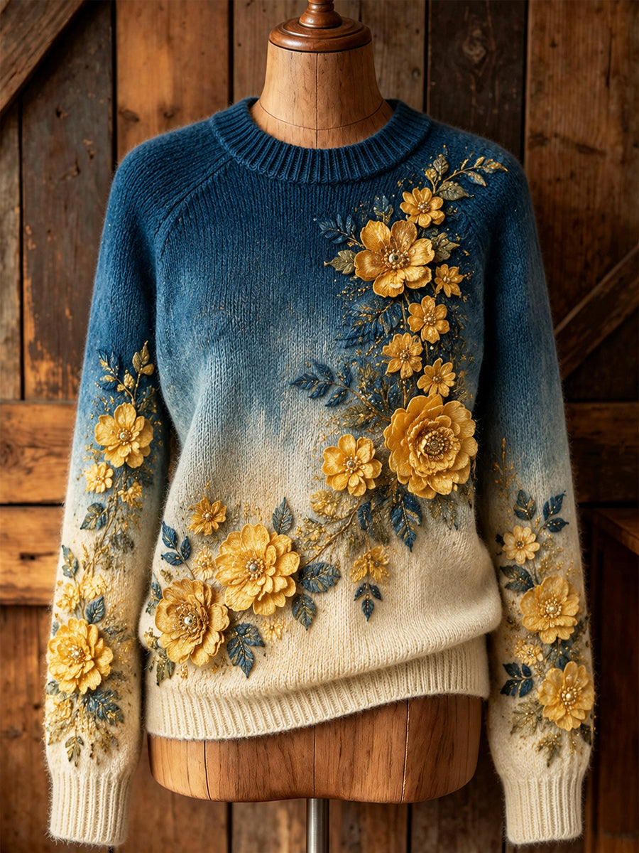 Kvinnors Retro Floral Tie-Dye gradient Round-Hack Sweatshirt