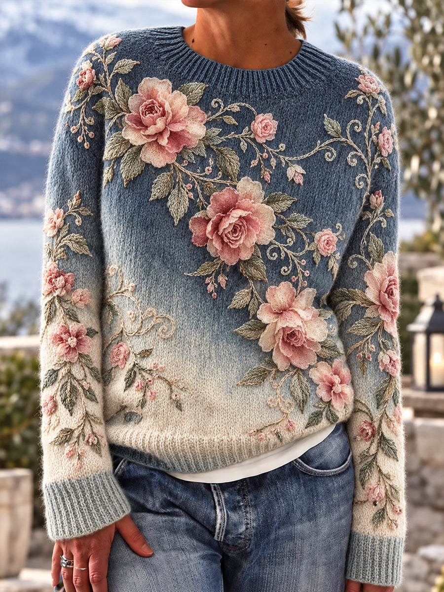 Kvinnors Retro Konstnärliga blomster gradient rund hals Pullover