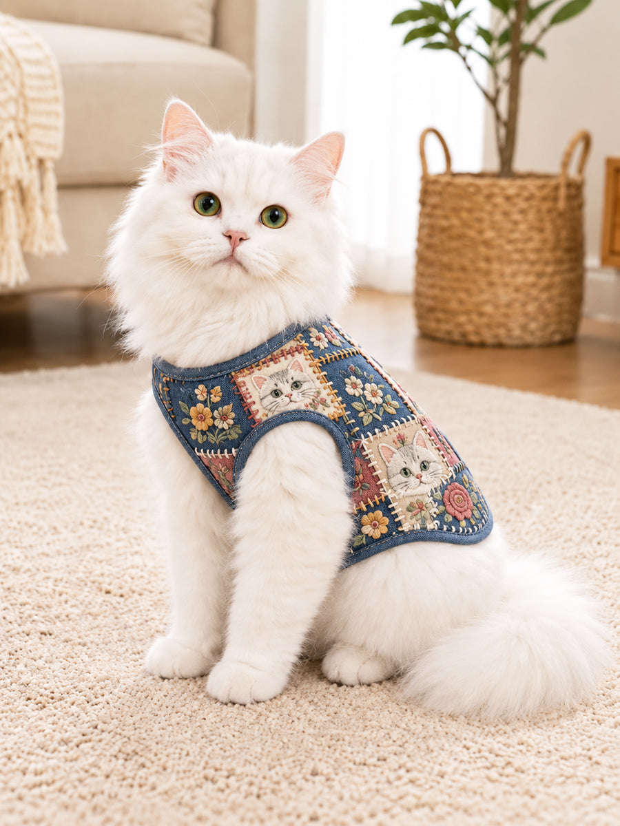Söta Cat Patchwork ärmlösa tank Topp